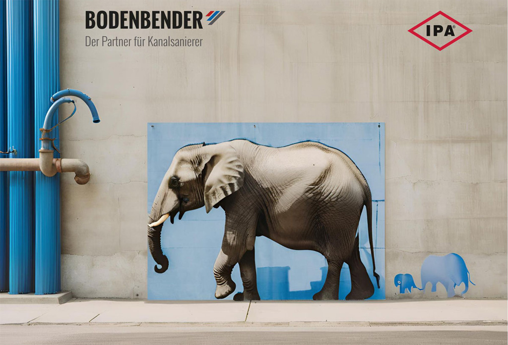 Ein großer an die Wand gemalter Elefant und darüber links das Bodenbender Logo.