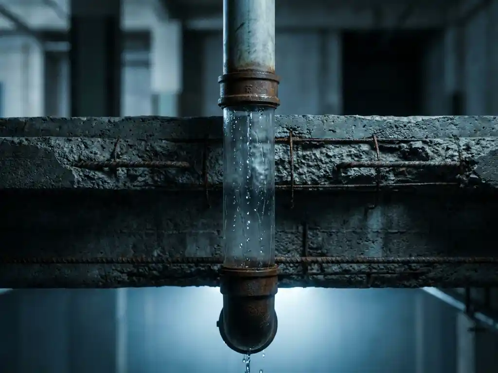 Vertikales Abflussrohr im Gebäudequerschnitt mit sichtbarem Wasserfluss durch Betondecken, umgeben von Stahlarmierungen.