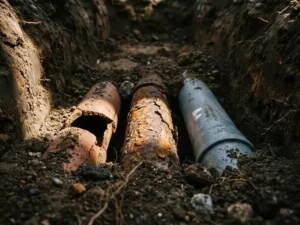 Drei ausgegrabene Abwasserrohre im Querschnitt: gealterter Ton mit Rissen, korrodiertes Metall und intaktes Kunststoffrohr im Erdreich.