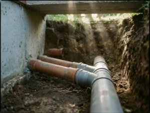 Querschnitt unterirdischer Abwasserrohre aus Terrakotta und PVC unter einem Hausfundament, die in eine Hauptkanalleitung münden.