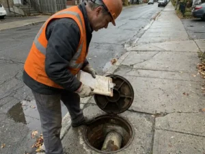 Gemeindearbeiter in Warnweste prüft Genehmigungsunterlagen neben offenem Kanalschacht auf städtischer Straße.