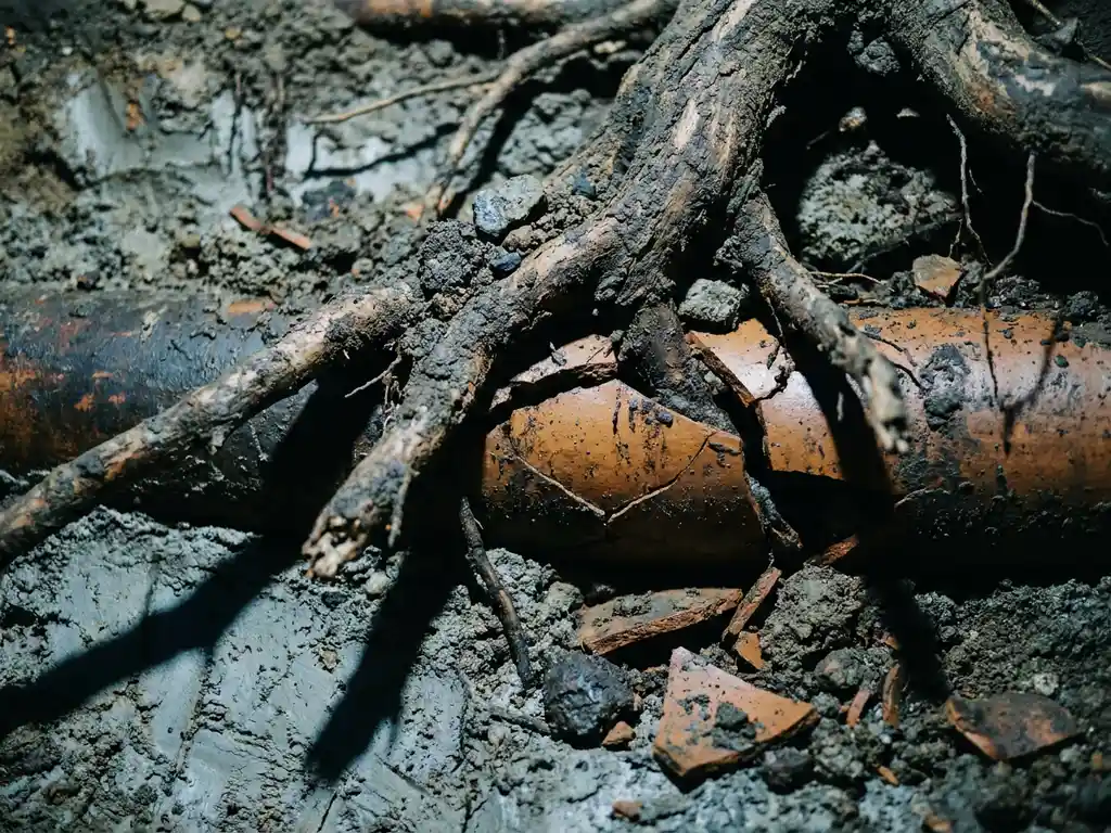 Baumwurzeln durchbrechen ein altes Tonrohr unter der Erde, umgeben von Erdreich und Schutt, Nahaufnahme der Rohrverstopfung.