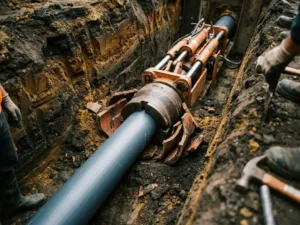 Rohrberstungsmaschine zieht neues PE-Rohr durch verdichteten Erdreich, während zerbrochene Tonrohrreste seitlich weggedrückt werden.