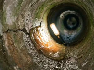 Rissiges Betonrohr von innen mit aushärtendem Harzliner, feuchte Tunnelwände unter Arbeitsscheinwerfer beim Rohrsanierung-Verfahren.