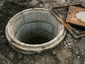 Freigelegter Betonrevisionsschacht mit sichtbaren Betonringen, verwittertem Kanaldeckel und feuchtem Erdreich bei bedecktem Tageslicht.