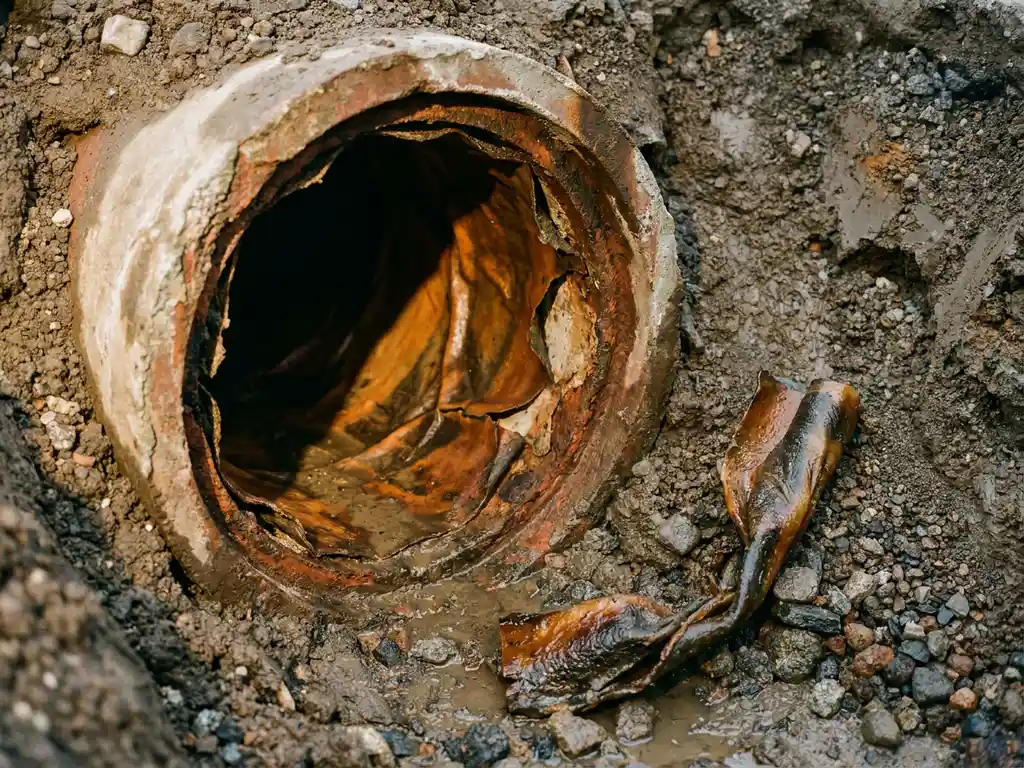 Beschädigtes Untergrundrohr im Querschnitt mit Rissen, Korrosion und fehlerhaften Liner-Falten, umgeben von feuchtem Erdreich und gescheitertem Reparaturversuch.
