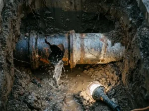 Gerissenes Untergrundrohr mit aktivem Wasseraustritt und Korrosionsschäden in feuchtem Lehmgraben, dramatische Arbeitslampenbeleuchtung.
