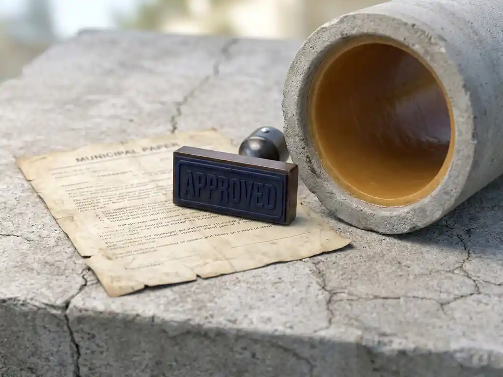 Kommunales Förderdokument mit Genehmigungsstempel neben einem Rohrquerschnitt mit glatter Innenauskleidung auf Betonoberfläche.