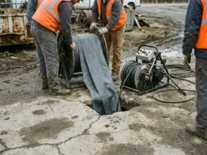 Schlauchlinersanierung wird durch kleine Öffnung in gealtertem Betonpflaster eingeführt, grabungsfreie Rohrsanierung auf Straßenniveau.