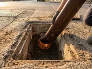 Schlauchliner wird in einen Kanalschacht eingeführt, umliegendes Stadtpflaster unberührt, sanftes Bernsteinlicht beleuchtet das Rohrinnere.