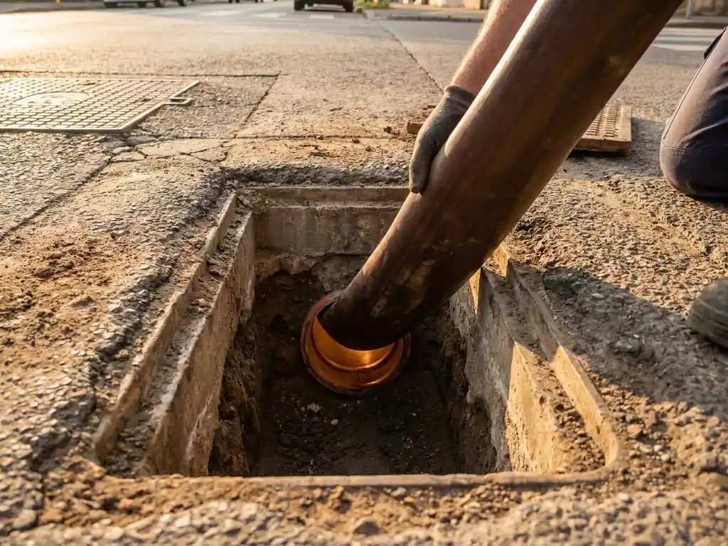 Schlauchliner wird in einen Kanalschacht eingeführt, umliegendes Stadtpflaster unberührt, sanftes Bernsteinlicht beleuchtet das Rohrinnere.