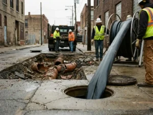 Schlauchliner wird in einen Kanalschacht eingeführt, im Hintergrund freigelegte Tonrohre in offener Baugrube, urbane Straßenumgebung.