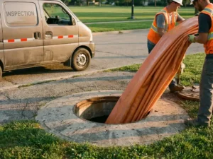 Grabenlose Rohrsanierung: Liner wird in einen Kanalschacht eingeführt, umgeben von unversehrtem Asphalt und grünem Rasen.