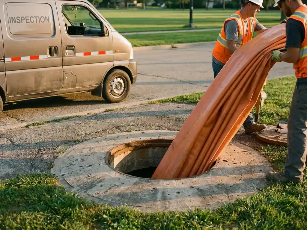 Grabenlose Rohrsanierung: Liner wird in einen Kanalschacht eingeführt, umgeben von unversehrtem Asphalt und grünem Rasen.