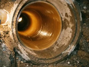 Frisch ausgehärteter Schlauchliner im Querschnitt eines Betonrohrs, glatte Harzoberfläche unter warmem Arbeitslicht, feuchter Erdreich sichtbar.