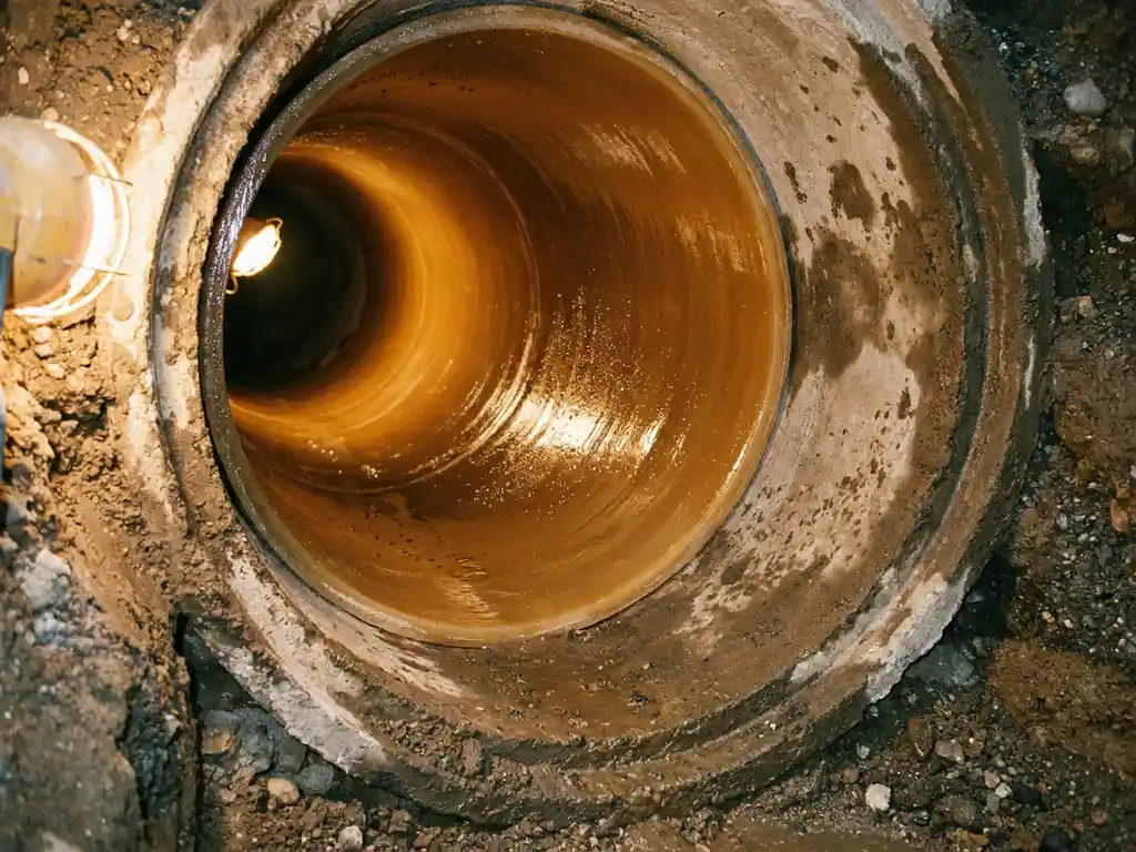 Frisch ausgehärteter Schlauchliner im Querschnitt eines Betonrohrs, glatte Harzoberfläche unter warmem Arbeitslicht, feuchter Erdreich sichtbar.
