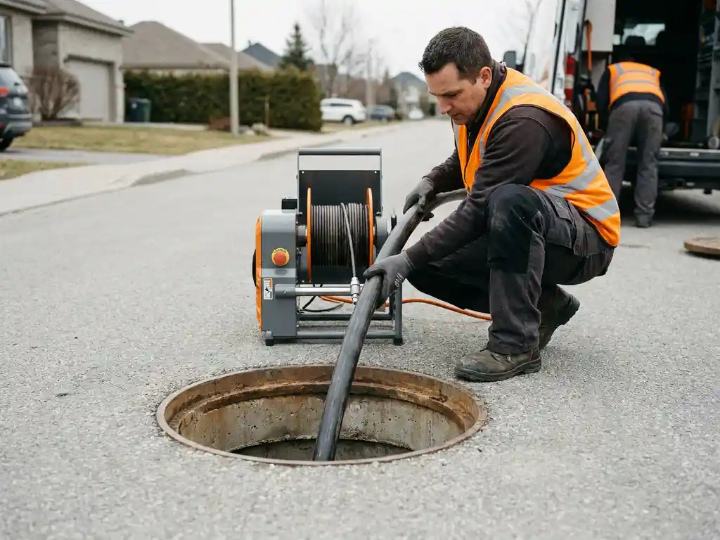 Techniker führt graublau schimmernden Inliner in einen offenen Kanalschacht auf intakter Asphaltstraße ein, keine Ausgrabungen sichtbar.