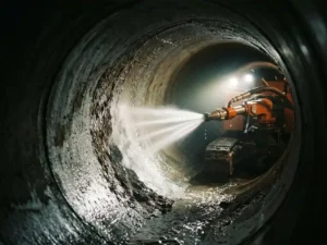 Hochdruckdüse beim Kanalspülen in einem dunklen Betonrohr, kräftige Wasserstrahlen lösen Ablagerungen von der Rohrwand.