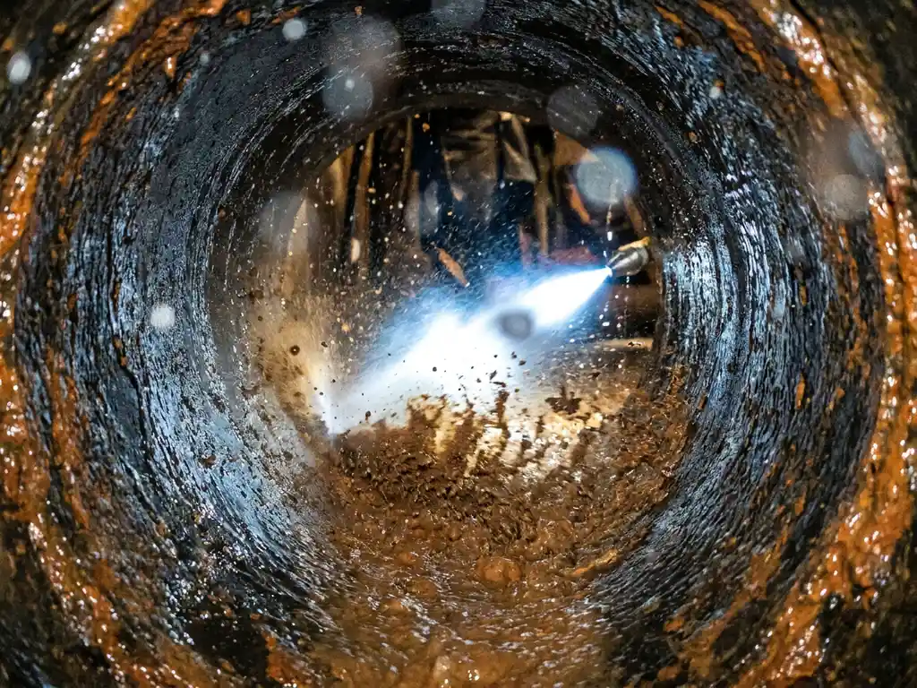 Hochdruckwasserstrahl reinigt korrodiertes Rohr, braune Ablagerungen werden weggespült, Nahaufnahme aus Tunnelperspektive.