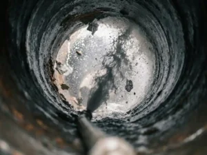 Hochdruckwasserstrahl reinigt das Innere eines korrodierten Rohres und löst Ablagerungen, dramatische Licht-Schatten-Kontraste.