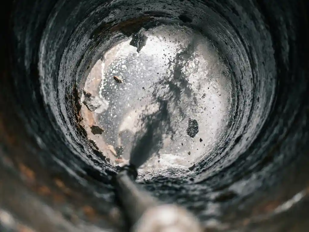 Hochdruckwasserstrahl reinigt das Innere eines korrodierten Rohres und löst Ablagerungen, dramatische Licht-Schatten-Kontraste.