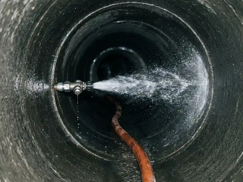 Hochdruckspülkopf im Einsatz in einem dunklen Betonkanal, orangefarbener Schlauch, Wasserstrahl glänzt an nassen Kanalwänden.