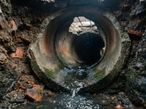 Gerissenes unterirdisches Abwasserrohr im Querschnitt unter einer Stadtstraße, Schmutzwasser fließt durch alte Betonkanäle.