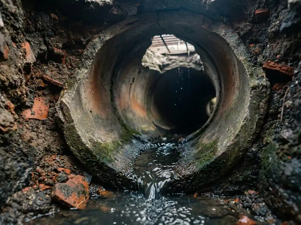 Gerissenes unterirdisches Abwasserrohr im Querschnitt unter einer Stadtstraße, Schmutzwasser fließt durch alte Betonkanäle.