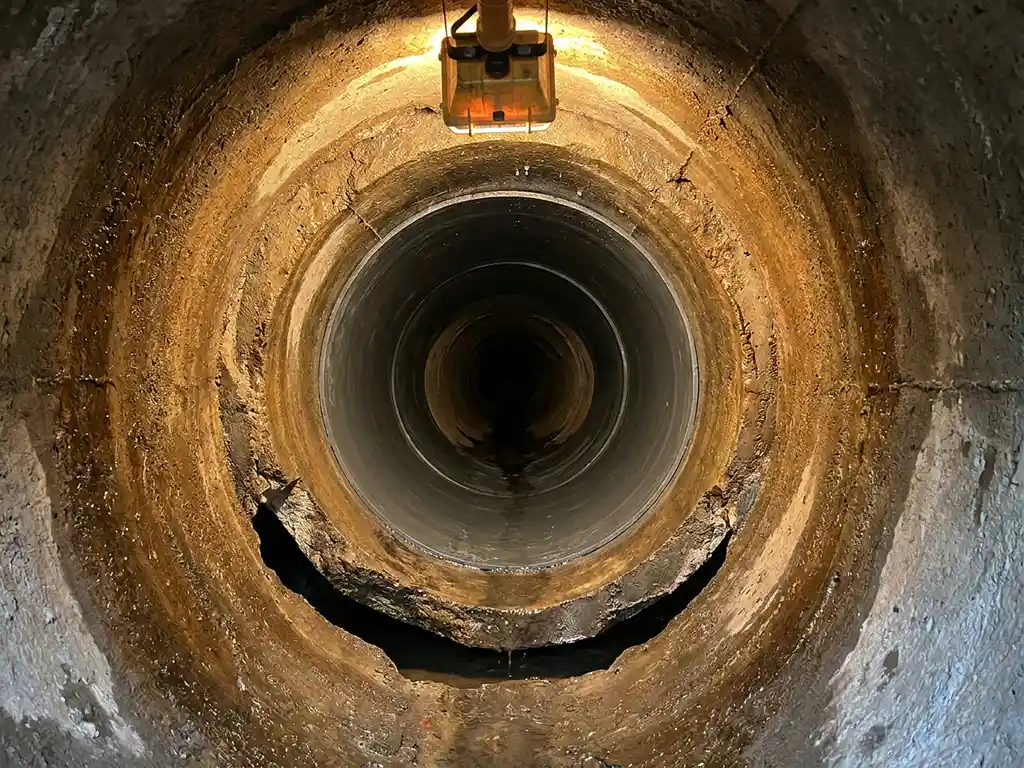 Gerissenes Abwasserrohr von innen mit nahtlosem Inliner-Sanierungsschlauch, feuchte Betonwände und Arbeitsscheinwerfer im Hintergrund.