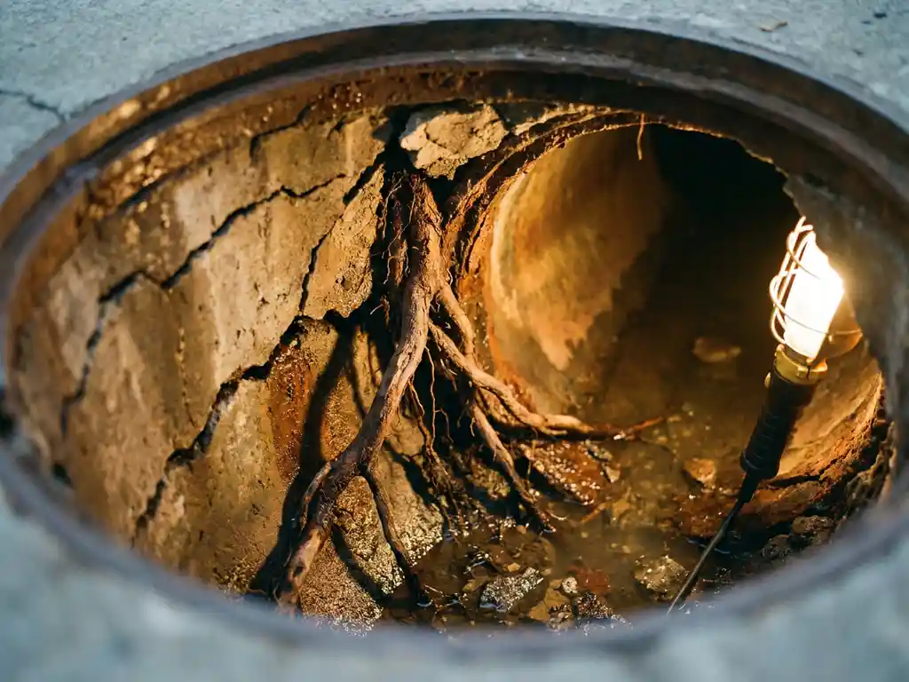 Rissiges Abwasserrohr mit Wurzeleinwuchs und Strukturschäden, aufgenommen durch einen Kanalschacht mit stehenden Schmutzwasser.