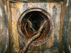 Gerissenes Keramik-Abwasserrohr mit Wurzeleinwuchs, sichtbar durch einen offenen Kanalschacht mit feuchten Mineralablagerungen.