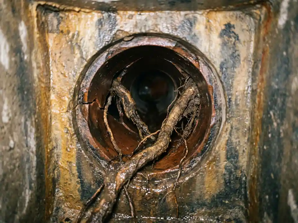 Gerissenes Keramik-Abwasserrohr mit Wurzeleinwuchs, sichtbar durch einen offenen Kanalschacht mit feuchten Mineralablagerungen.