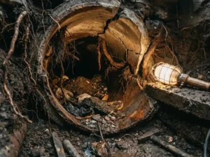 Beschädigtes Abwasserrohr im Querschnitt mit eingewachsenen Wurzeln, Rissen im Beton und Sedimentablagerungen im Kanalinneren.