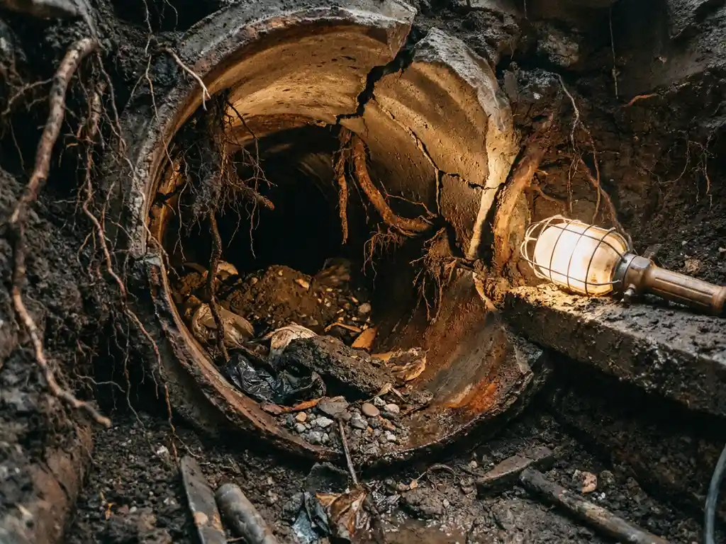 Beschädigtes Abwasserrohr im Querschnitt mit eingewachsenen Wurzeln, Rissen im Beton und Sedimentablagerungen im Kanalinneren.