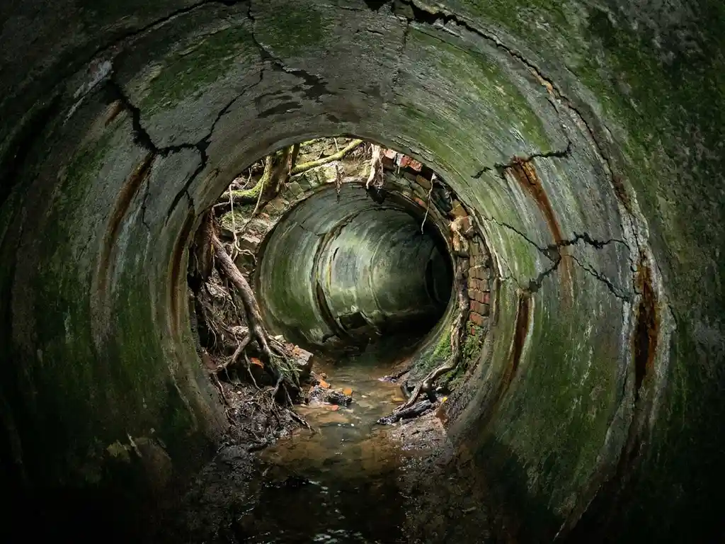 Verfallenes Abwasserrohr aus Beton mit Rissen, eindringenden Wurzeln und stehendem Wasser, dramatische Untersicht zeigt strukturellen Verfall.