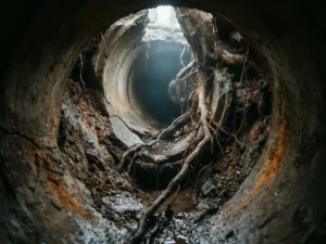 Gerissenes Abwasserrohr unter der Erde mit eindringenden Baumwurzeln, auslaufendem Wasser und einstürzender Erde.