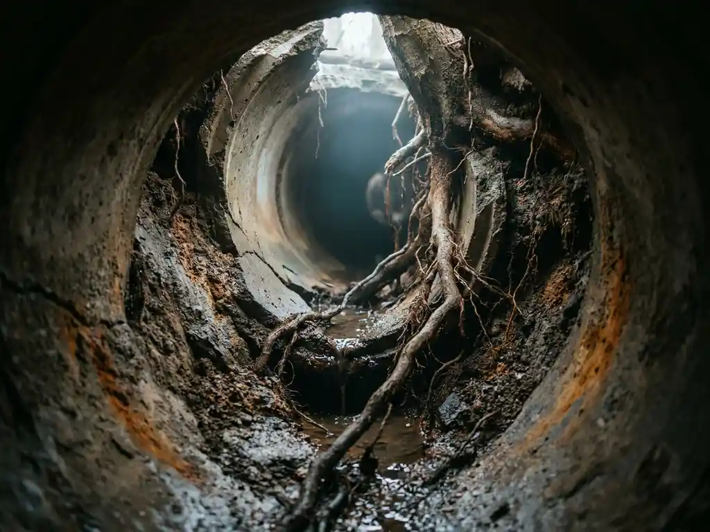 Gerissenes Abwasserrohr unter der Erde mit eindringenden Baumwurzeln, auslaufendem Wasser und einstürzender Erde.