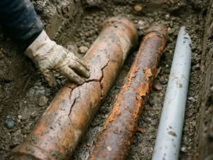 Gebrochenes Tonrohr, korrodiertes Metallrohr und PVC-Rohr nebeneinander in einem Aushubgraben, begutachtet von einer behandschuhten Hand.