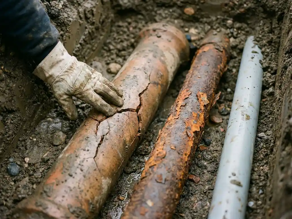 Gebrochenes Tonrohr, korrodiertes Metallrohr und PVC-Rohr nebeneinander in einem Aushubgraben, begutachtet von einer behandschuhten Hand.