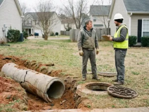 Rissiges Betonabwasserrohr im Garten, Hausbesitzer und Gemeindearbeiter mit Klemmbrett an geöffnetem Inspektionsschacht.