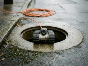 Kanalinspektion-Kamera auf Raupenfahrzeug mit orangem Kabel steigt in offenen Kanalschacht auf nasser Stadtstraße hinab.