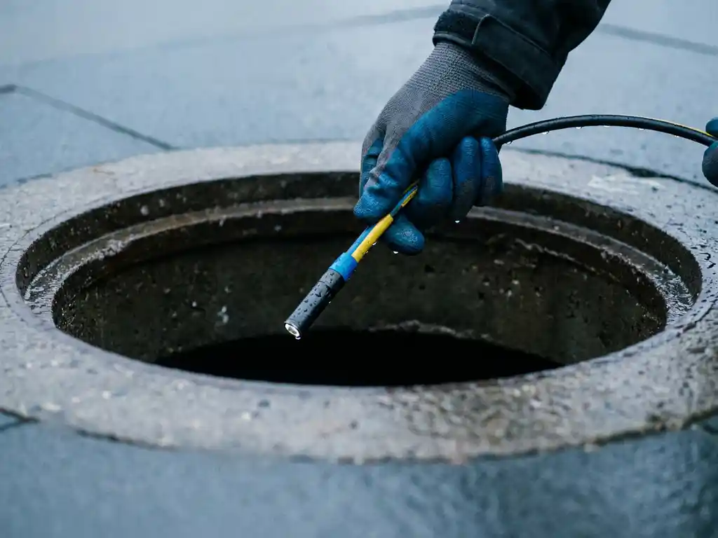 Kanalinspektionskamera an flexiblem Kabel wird in dunklen Kanalschacht eingeführt, Hand eines Technikers mit Schutzhandschuh führt das Gerät.