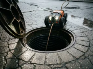 Kanalinspektion-Kamera auf Raupenfahrwerk wird in offenen Kanalschacht auf nasser Stadtstraße abgesenkt.