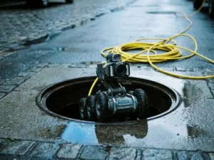 Kanalinspektion-Kamera auf Raupenfahrwerk wird in offenen Kanalschacht auf nasser Stadtstraße abgesenkt, gelbes Kabel aufgerollt daneben.