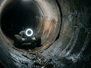 Kanalinspektion-Kameraroboter beleuchtet Betonrohr mit LED-Ring, sichtbare Risse und Versätze an feuchten Rohrwänden mit Mineralablagerungen.