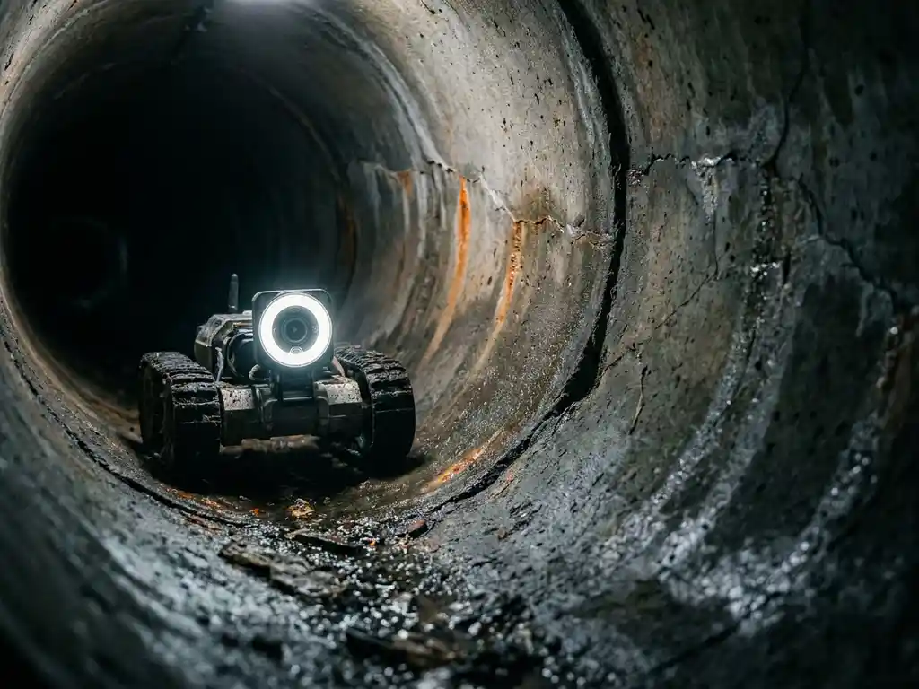 Kanalinspektion-Kameraroboter beleuchtet Betonrohr mit LED-Ring, sichtbare Risse und Versätze an feuchten Rohrwänden mit Mineralablagerungen.