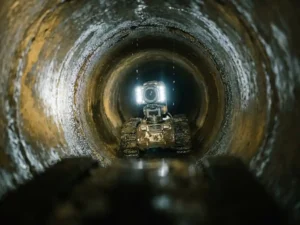 Kanalinspektionskamera auf Crawler-Roboter beleuchtet feuchtes Betonrohr von innen, dramatischer Lichtkontrast im dunklen Untergrundkanal.