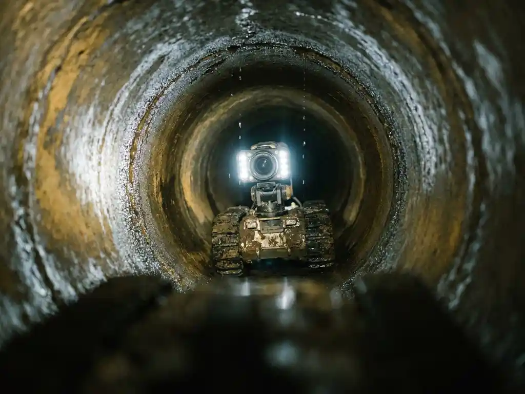 Kanalinspektionskamera auf Crawler-Roboter beleuchtet feuchtes Betonrohr von innen, dramatischer Lichtkontrast im dunklen Untergrundkanal.