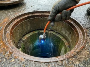 Kanalinspektion mit Rohrkamera an flexiblem Kabel, geführt von behandschuhter Technikerhand über dunkler Betonrohrleitung.
