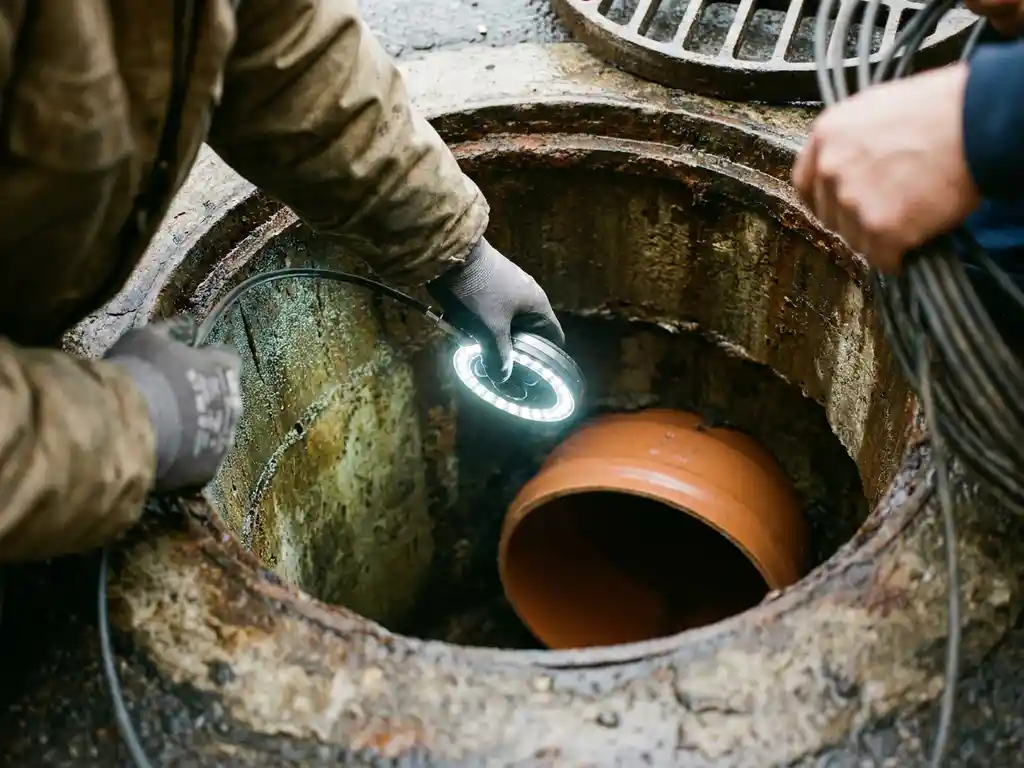 Techniker führt Inspektionskamera mit LED-Ring in dunkle Kanalrohr-Öffnung aus verwittertem Beton ein.